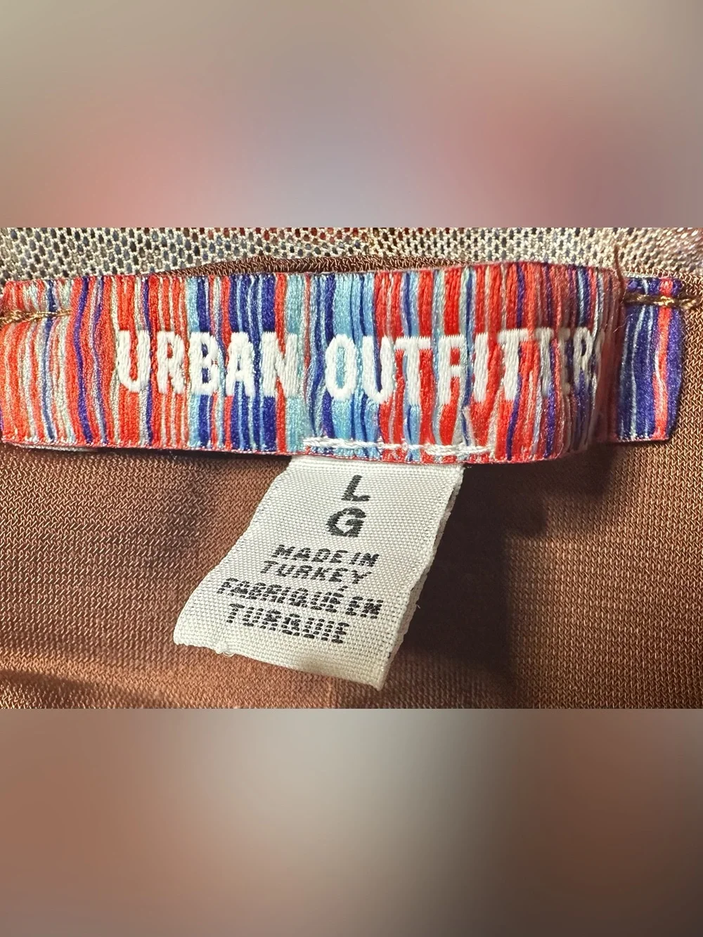 Urban Outfitters Moxie Mesh Mini Slip Dress Brown Abstract Print Size L Y2K - Picture 7 of 9